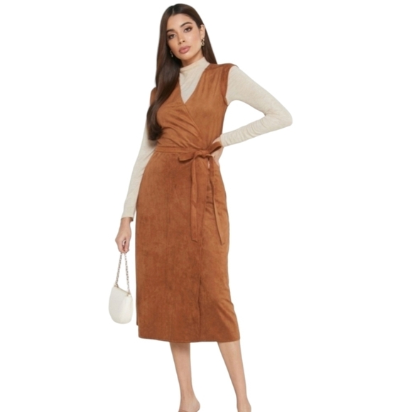 Banana Republic Faux Suede Sleeveless Knee-Length Wrap Dress Sz 2 Petite Brown - Picture 2 of 11